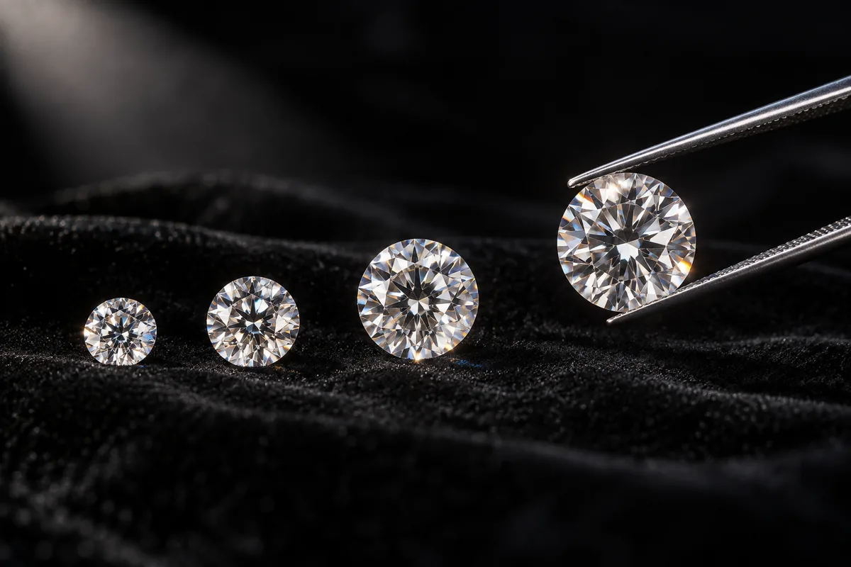 Round diamonds compared by size illustrating the 4Cs