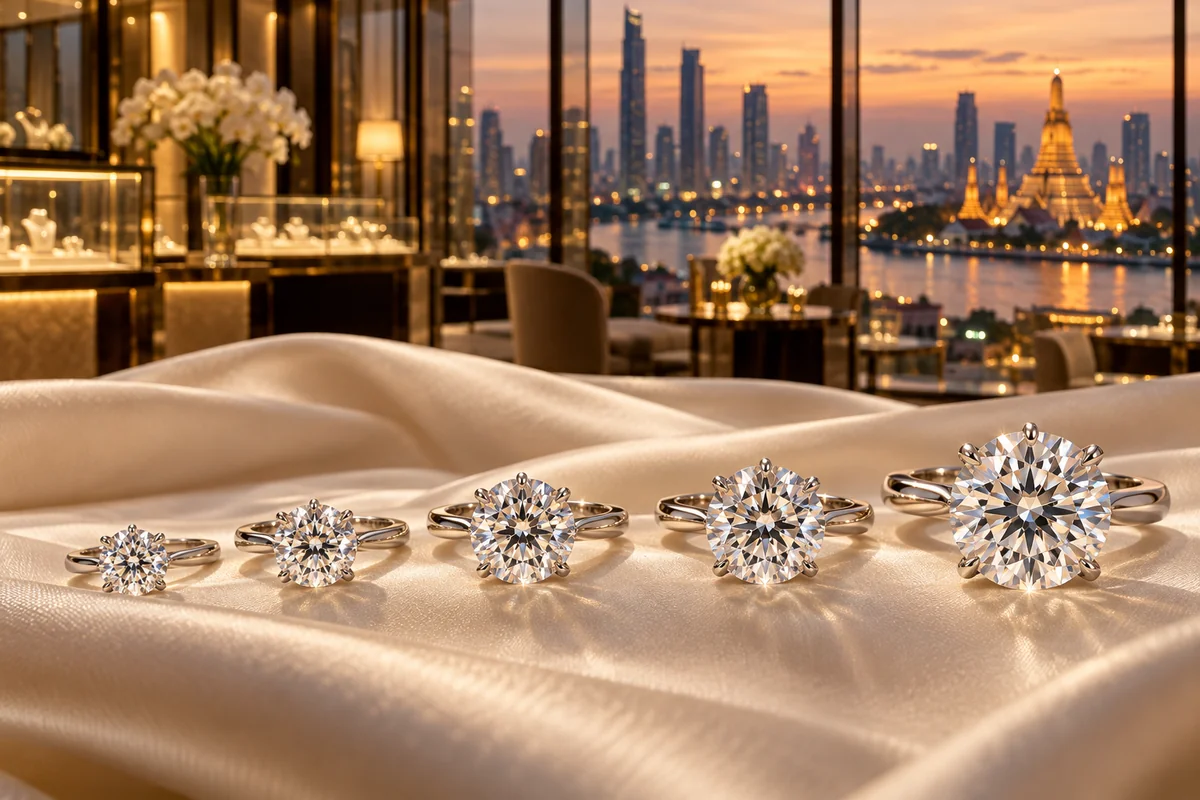 Diamond rings of several carat sizes lined up on cream silk