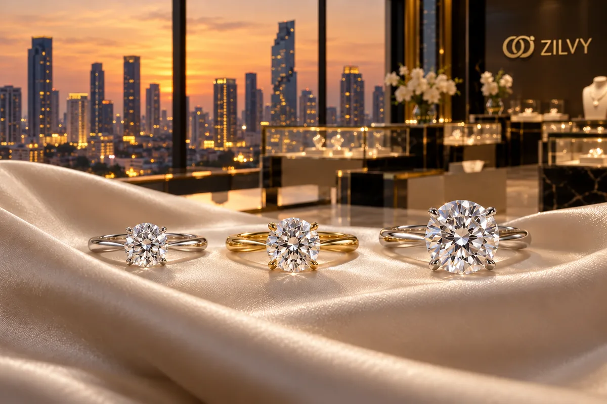 Three solitaire engagement rings of increasing size representing three budget levels