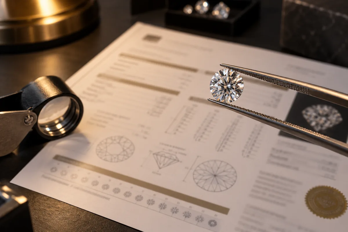Diamond with a GIA grading certificate and jeweler loupe