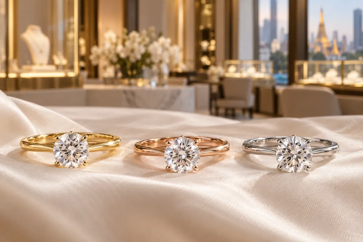 Diamond rings in 9K, 14K, 18K gold and platinum compared: yellow, rose and white gold tones on ivory silk