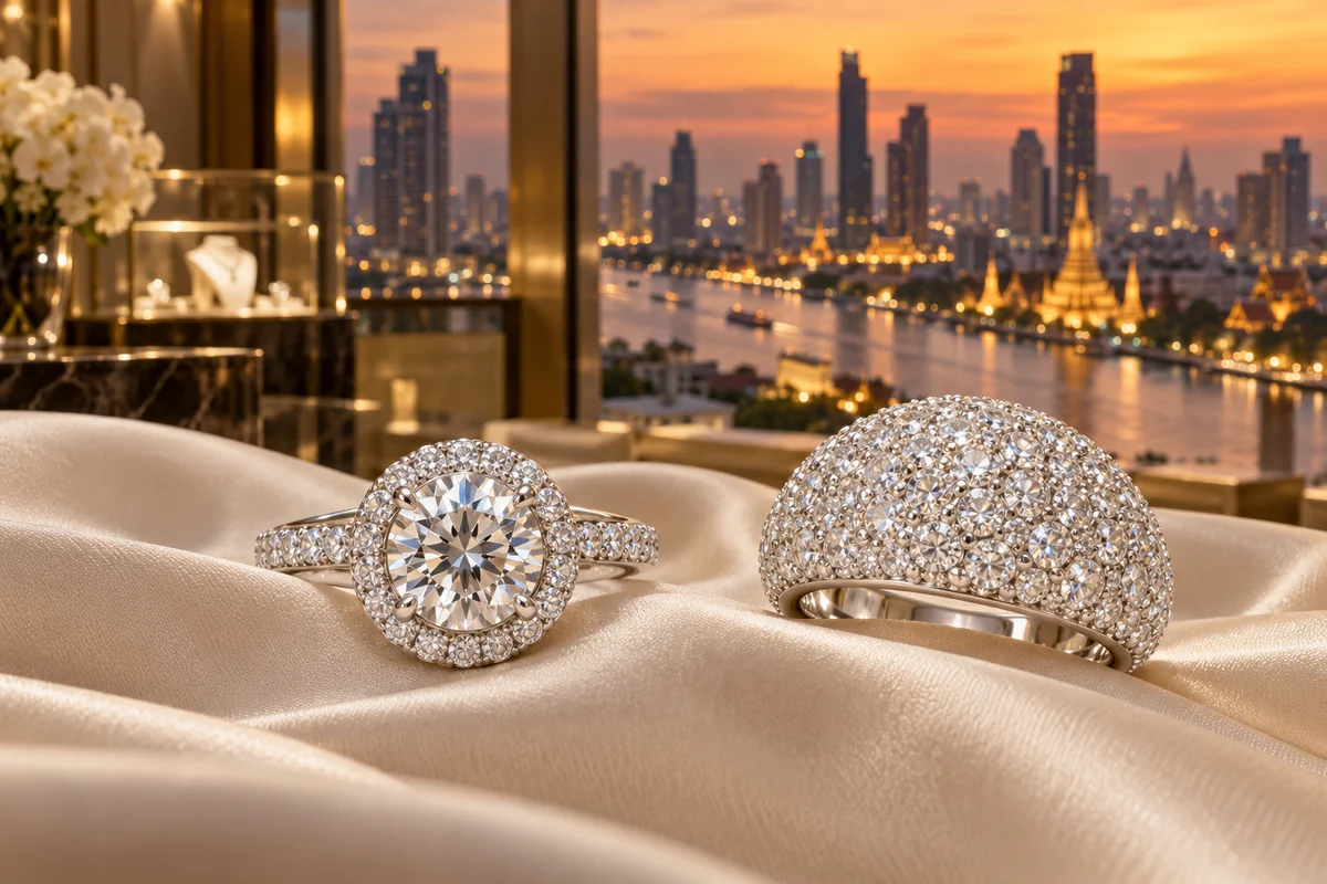 Halo diamond ring beside a dome diamond ring on cream silk