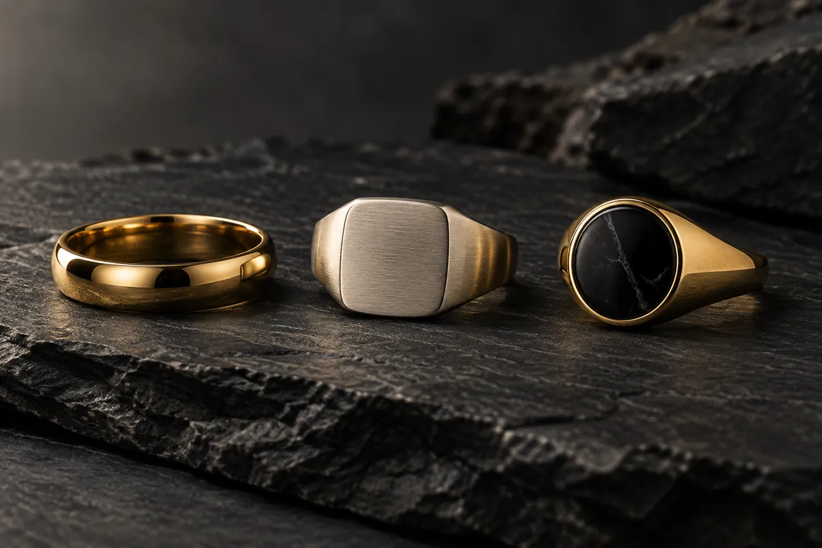 Three men's ring styles — band, signet and bezel — on dark slate