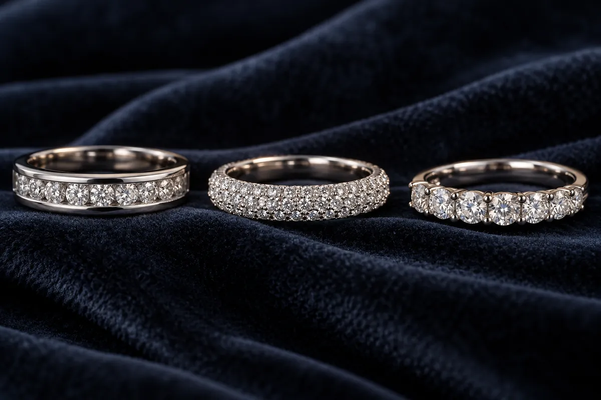 Three diamond row rings with different settings on dark velvet
