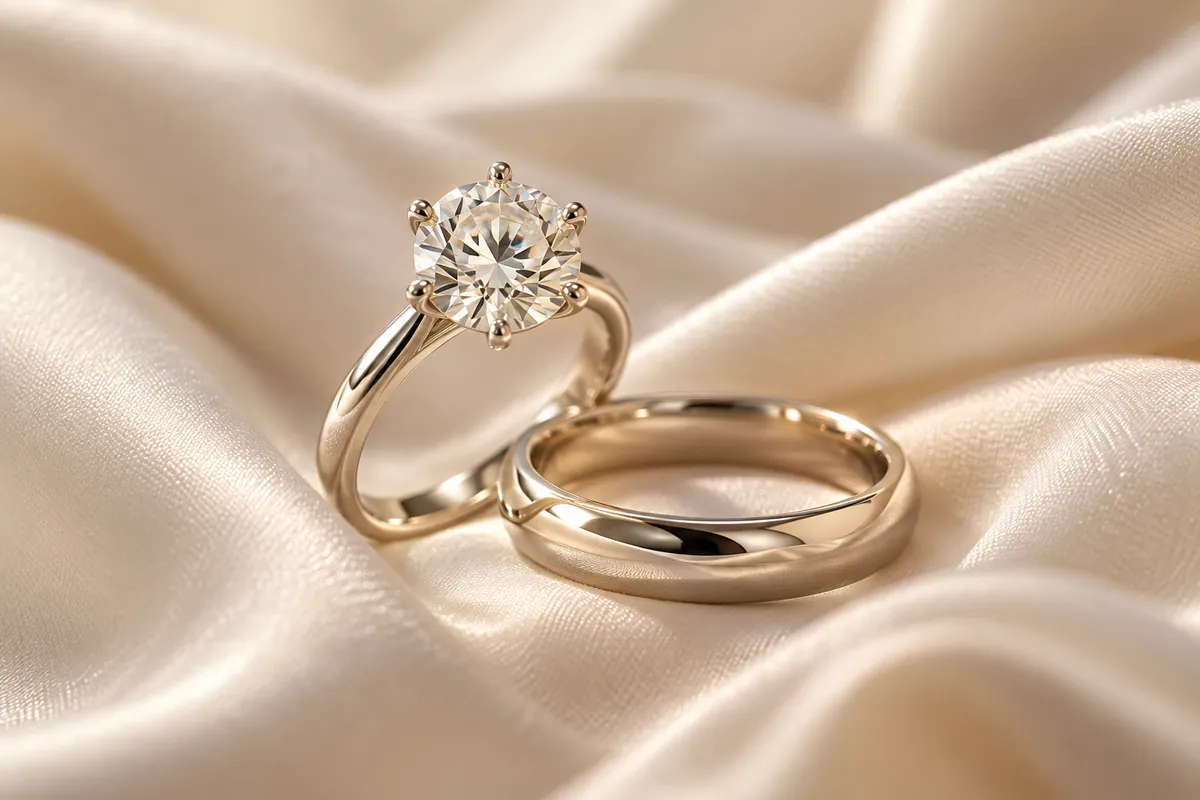 A six-prong Tiffany setting diamond ring next to a plain wedding band on silk