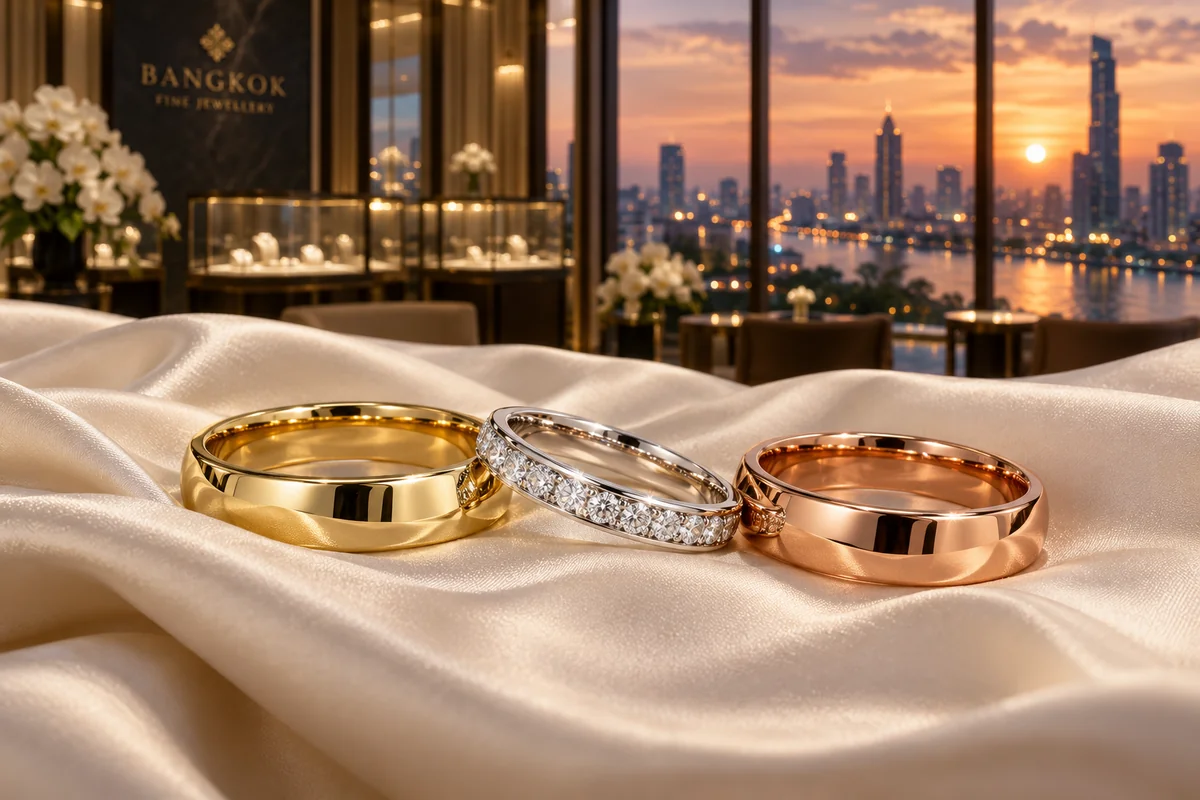 Matching diamond wedding rings in three gold colours on cream silk
