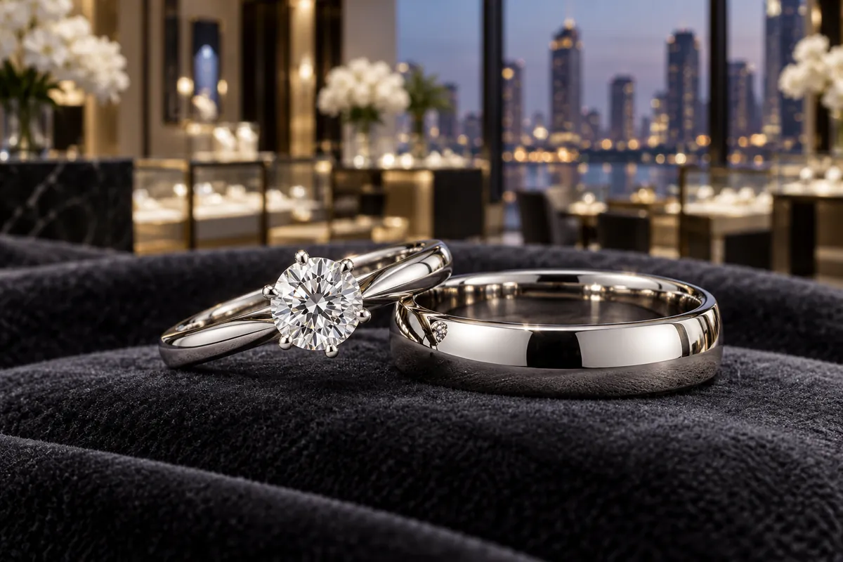 Two white gold diamond rings, a women's solitaire and a men's band, on dark velvet