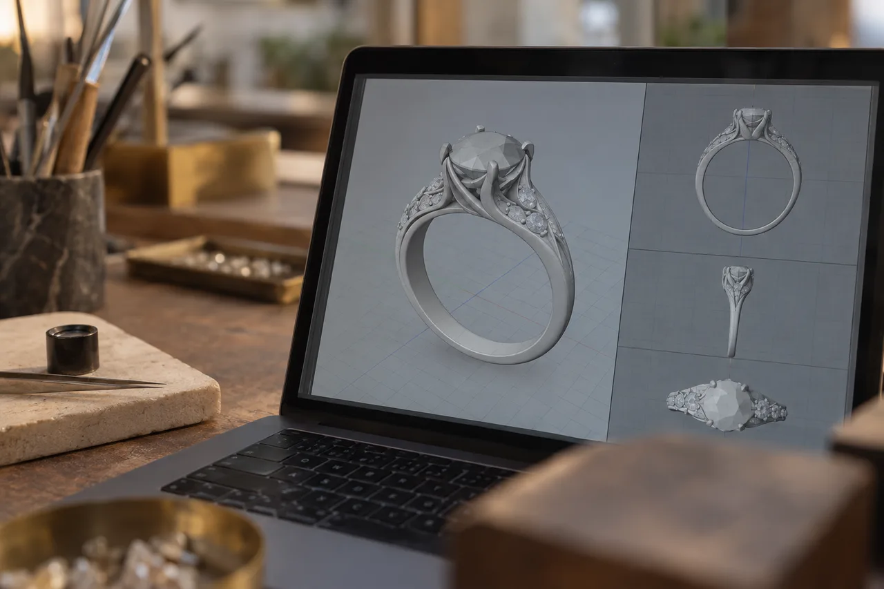 เรนเดอร์ 3D: แบบแหวน 3D หลายมุมบนจอคอมพิวเตอร์