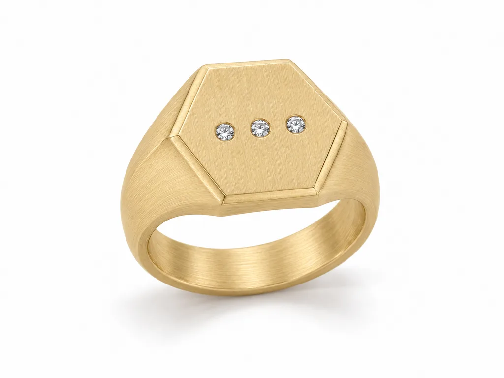 แหวนเพชรผู้ชายตรา Sextant Signet - ผิวด้านแบบแฮร์ไลน์